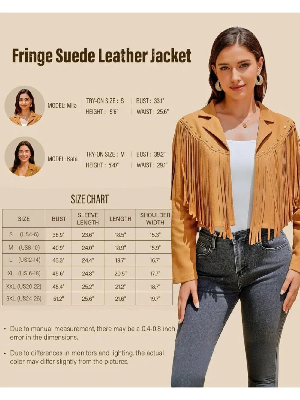 Women's Beige Fringe Faux Suede Leather Jackets Fashion Fall Western Tassel Coat